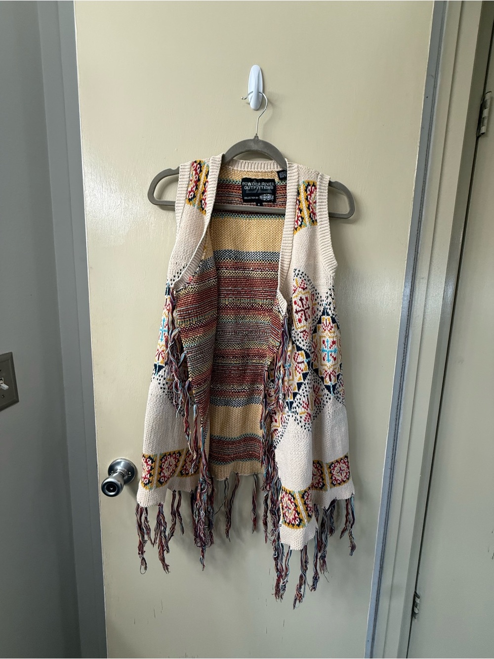 Beige Textured Fringe Vest with Multicolor Embroidery